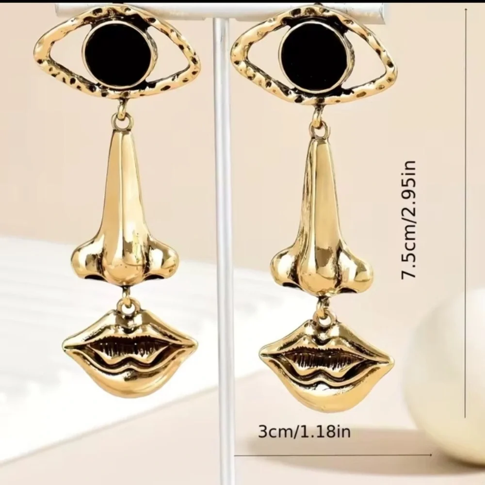 Abstract Face Earrings | Gold Eye Nose Lips Dangle | Artistic Statement Jewelry